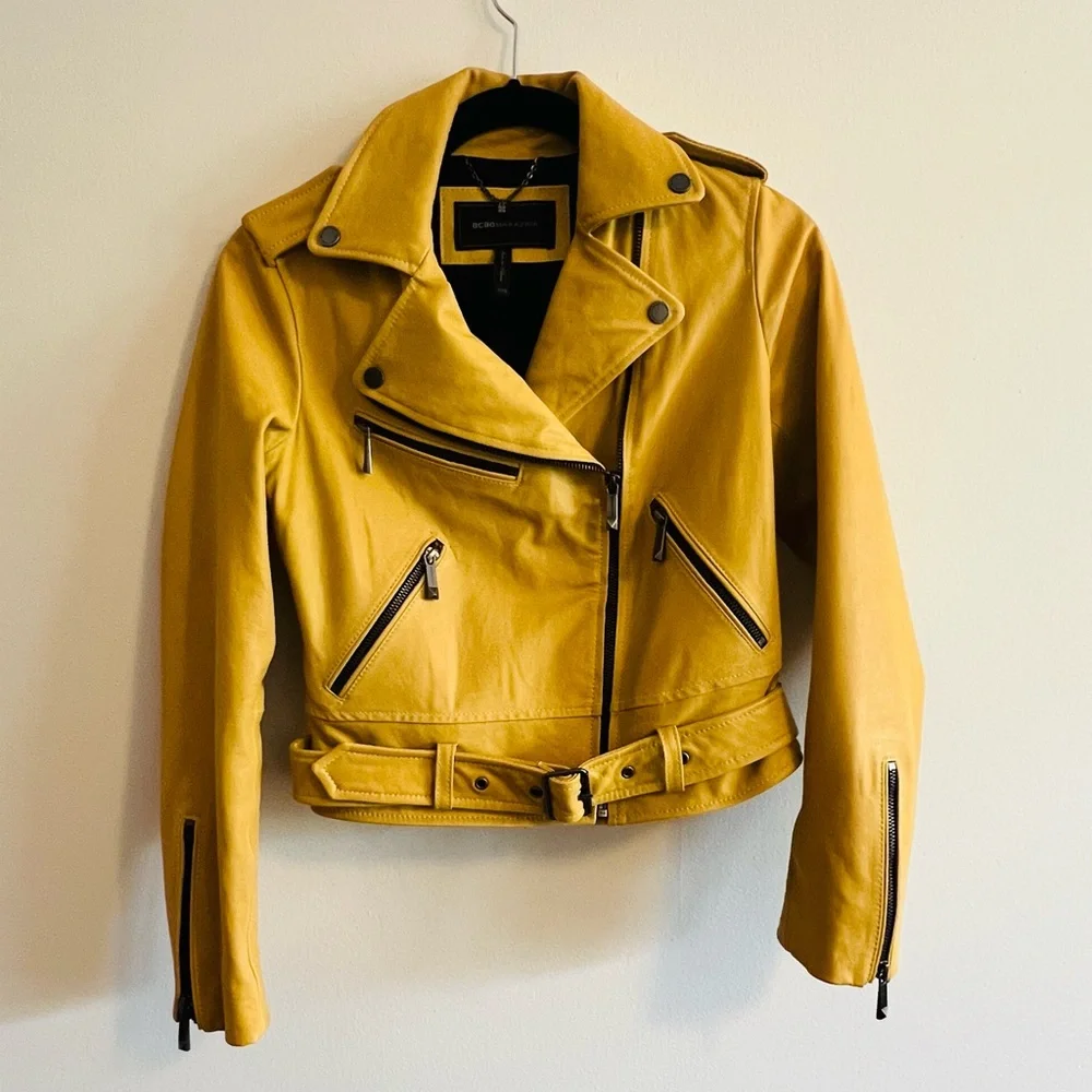 BCBG Yellow Leather Biker Jacket xxs - Picture 2 of 5